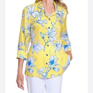 Multiples Yellow Floral Button-Down Shirt with Blue Accents